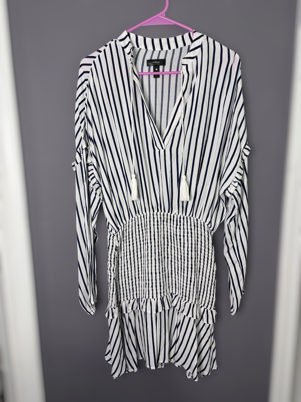 Aqua Navy Blue White Striped Tassel Drop Waist Smocked Mini Dress Small